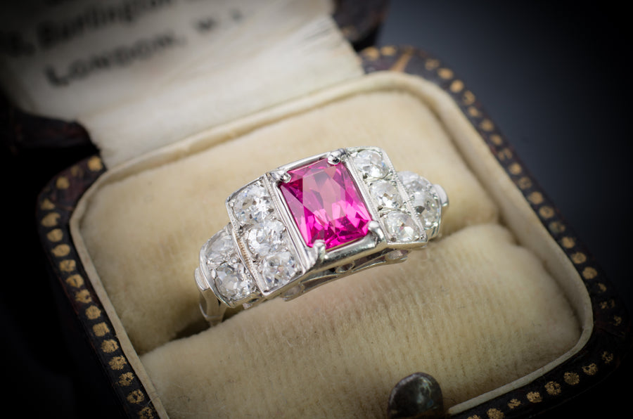 ART DECO DIAMOND RING WITH CUSTOM CUT SPINEL - SinCityFinds Jewelry