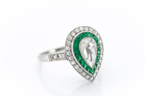 PEAR ROSE CUT DIAMOND AND FRENCH CUT EMERALD RING - SinCityFinds Jewelry