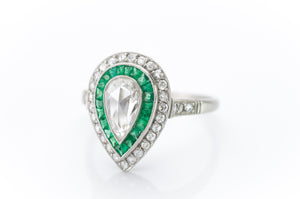 PEAR ROSE CUT DIAMOND AND FRENCH CUT EMERALD RING - SinCityFinds Jewelry