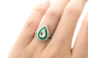 PEAR ROSE CUT DIAMOND AND FRENCH CUT EMERALD RING - SinCityFinds Jewelry