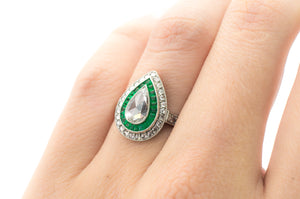 PEAR ROSE CUT DIAMOND AND FRENCH CUT EMERALD RING - SinCityFinds Jewelry