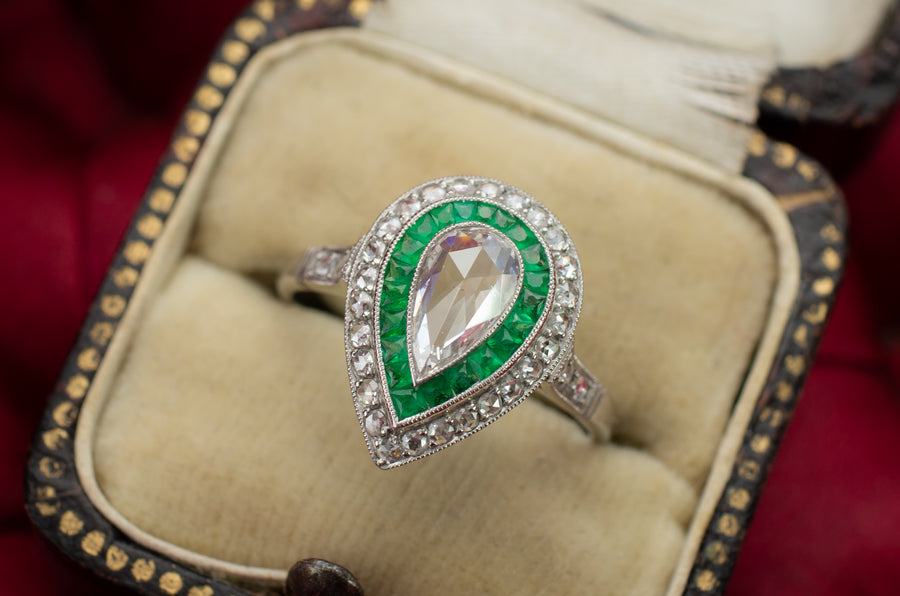 PEAR ROSE CUT DIAMOND AND FRENCH CUT EMERALD RING - SinCityFinds Jewelry