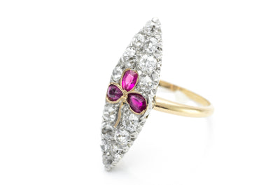 ANTIQUE RUBY AND OLD EUROPEAN CUT NAVETTE RING - SinCityFinds Jewelry