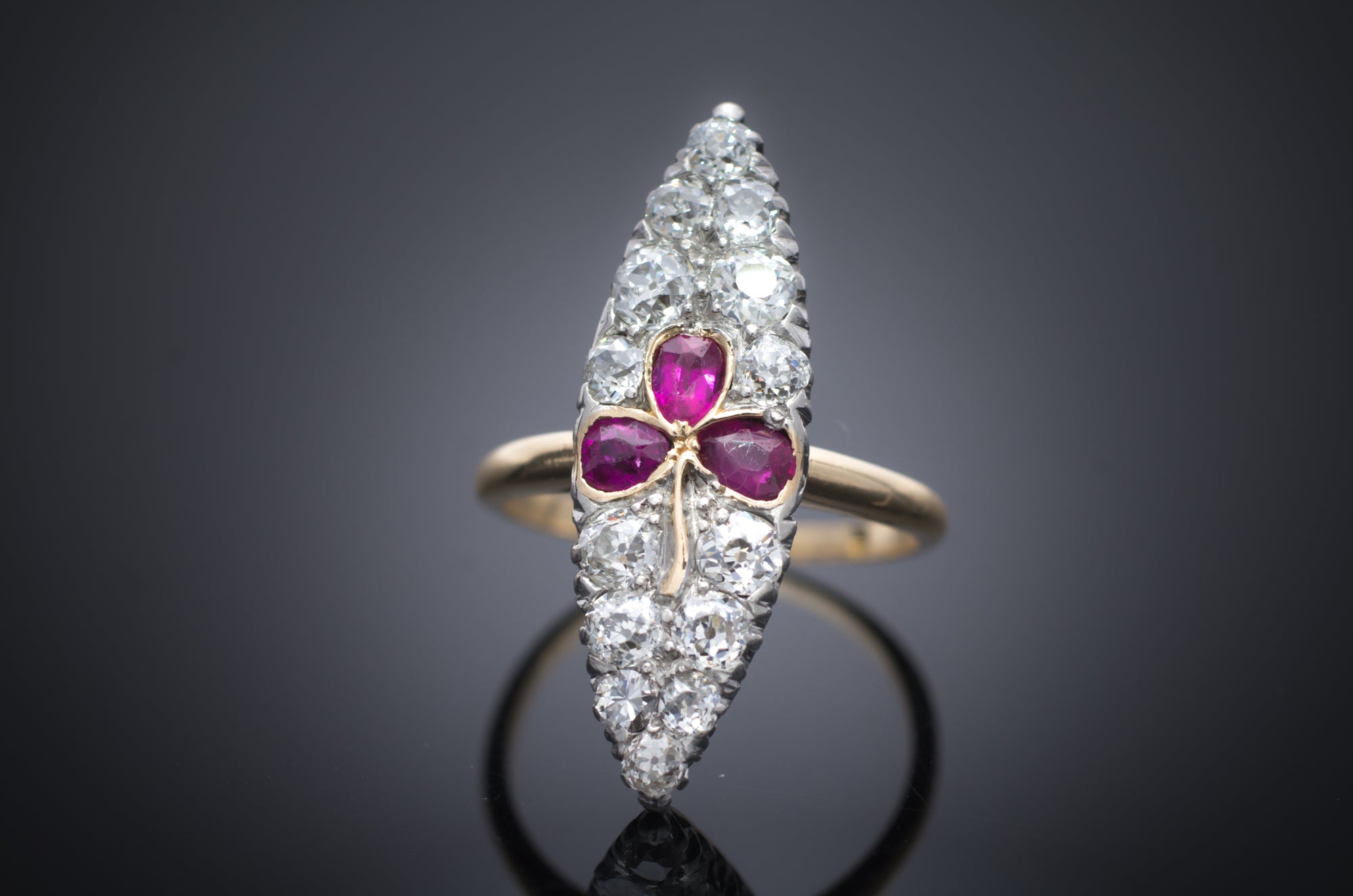 ANTIQUE RUBY AND OLD EUROPEAN CUT NAVETTE RING - SinCityFinds Jewelry
