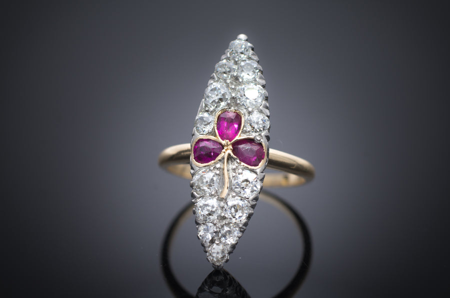 ANTIQUE RUBY AND OLD EUROPEAN CUT NAVETTE RING - SinCityFinds Jewelry
