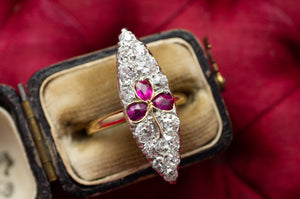 ANTIQUE RUBY AND OLD EUROPEAN CUT NAVETTE RING - SinCityFinds Jewelry