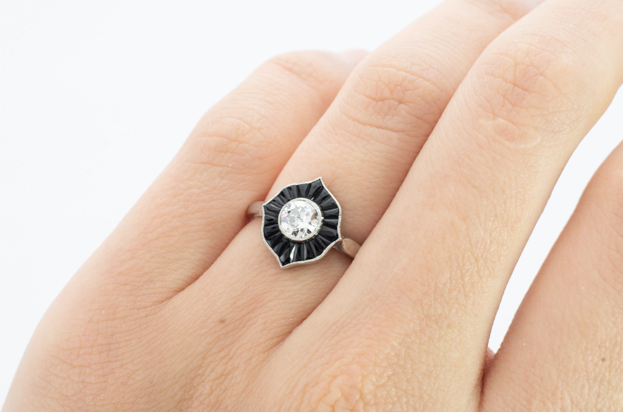 ONYX AND OLD EUROPEAN CUT DIAMOND RING - SinCityFinds Jewelry