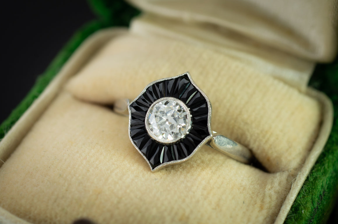 ONYX AND OLD EUROPEAN CUT DIAMOND RING - SinCityFinds Jewelry