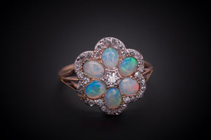 ANTIQUE OPAL AND OLD CUT DIAMOND CLUSTER RING - SinCityFinds Jewelry