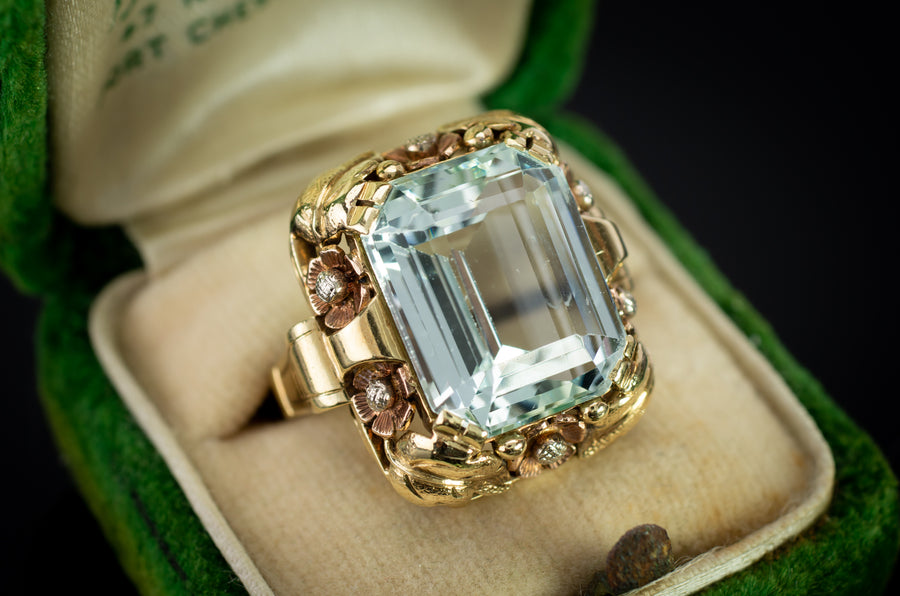 AQUAMARINE RING IN TRI COLOR GOLD SETTING - SinCityFinds Jewelry