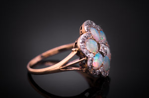 ANTIQUE OPAL AND OLD CUT DIAMOND CLUSTER RING - SinCityFinds Jewelry