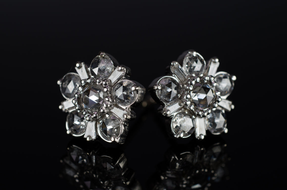 SALE! ROSE CUT AND BAGUETTE DIAMOND CLUSTER EARRINGS - SinCityFinds Jewelry