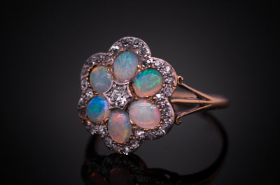 ANTIQUE OPAL AND OLD CUT DIAMOND CLUSTER RING - SinCityFinds Jewelry