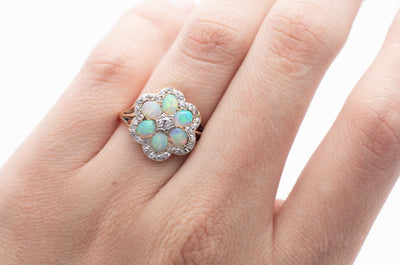 ANTIQUE OPAL AND OLD CUT DIAMOND CLUSTER RING - SinCityFinds Jewelry