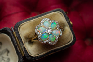 ANTIQUE OPAL AND OLD CUT DIAMOND CLUSTER RING - SinCityFinds Jewelry