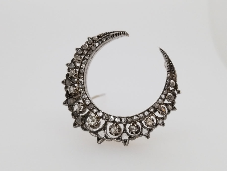 ROSE CUT DIAMOND CRESCENT BROOCH - SinCityFinds Jewelry