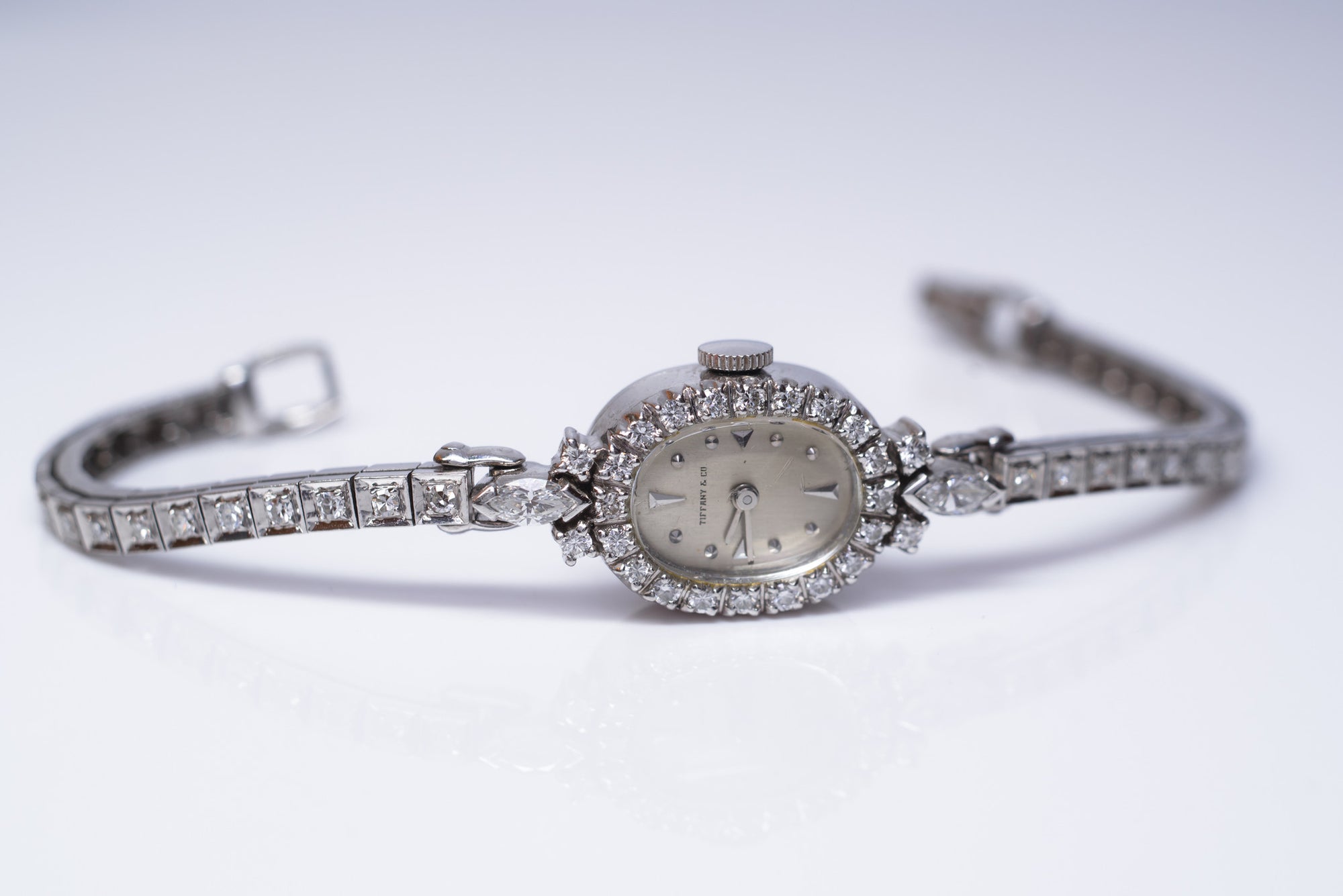 0.95CTW VINTAGE TIFFANY 1960's PLATINUM WATCH - SinCityFinds Jewelry