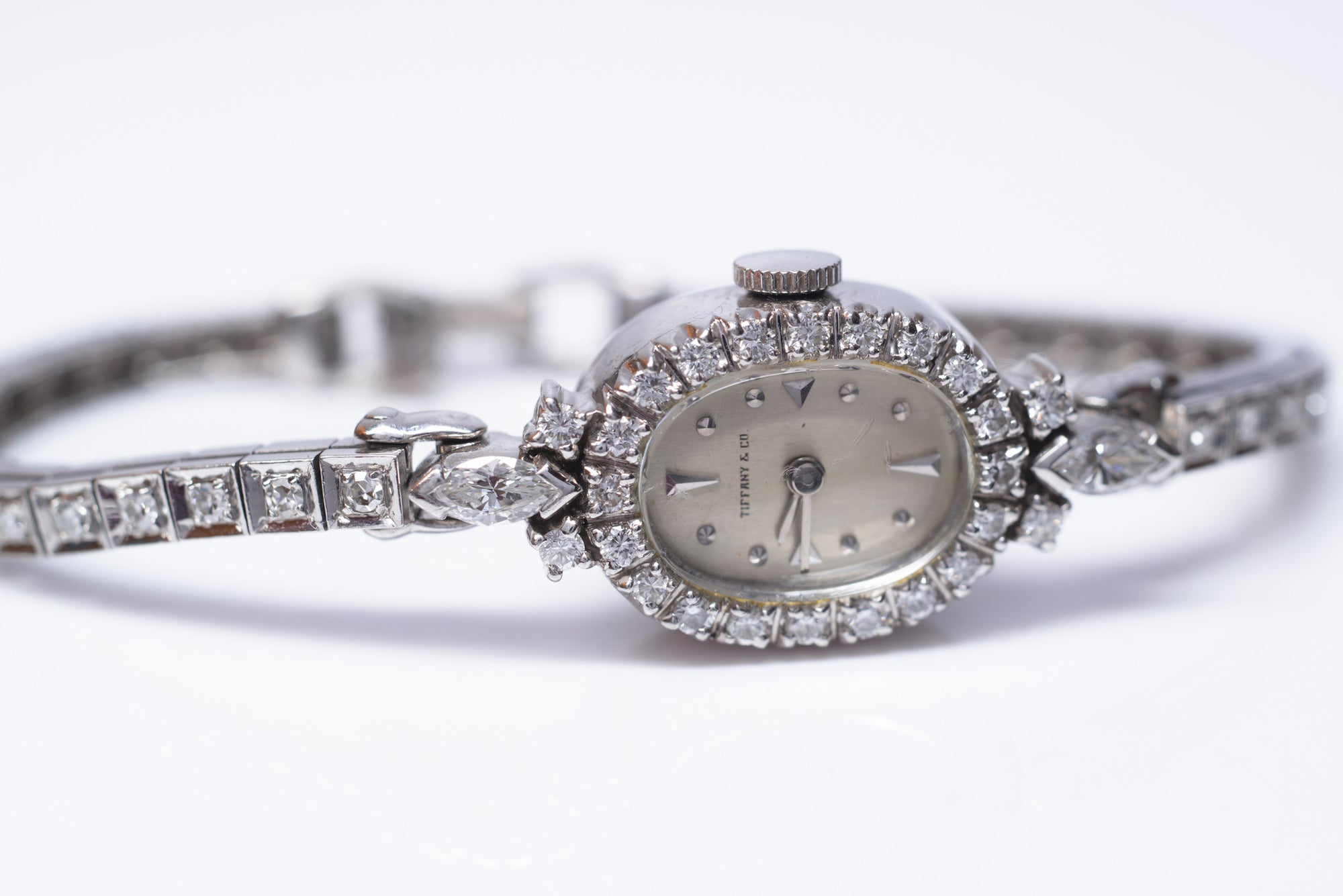 0.95CTW VINTAGE TIFFANY 1960's PLATINUM WATCH - SinCityFinds Jewelry