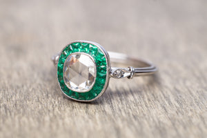 FRENCH CUT EMERALD AND ROSE CUT DIAMOND TARGET RING - SinCityFinds Jewelry