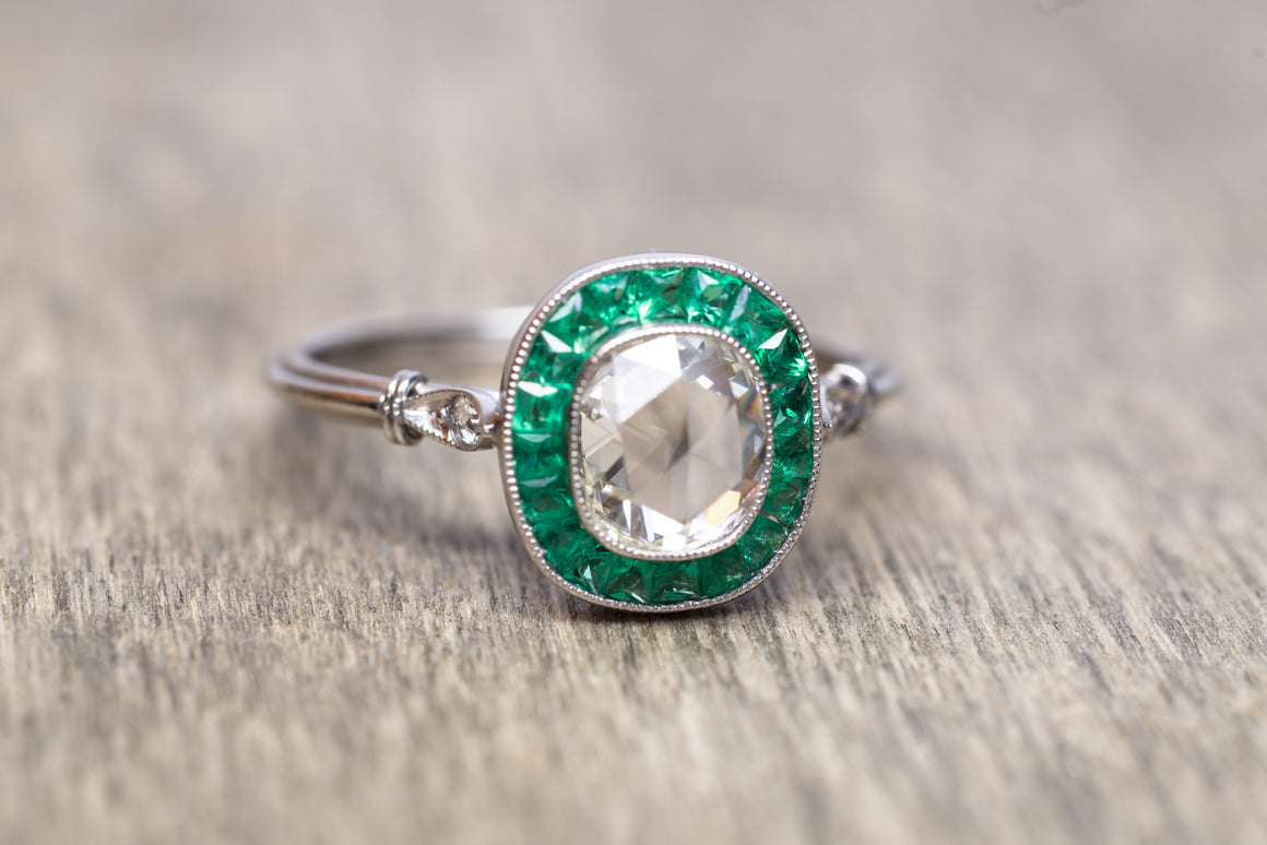 FRENCH CUT EMERALD AND ROSE CUT DIAMOND TARGET RING - SinCityFinds Jewelry