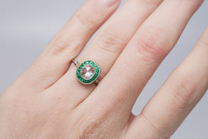 FRENCH CUT EMERALD AND ROSE CUT DIAMOND TARGET RING - SinCityFinds Jewelry