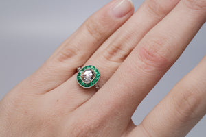 FRENCH CUT EMERALD AND ROSE CUT DIAMOND TARGET RING - SinCityFinds Jewelry