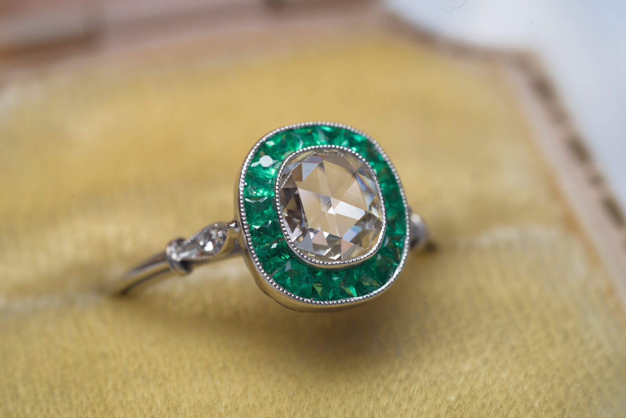 FRENCH CUT EMERALD AND ROSE CUT DIAMOND TARGET RING - SinCityFinds Jewelry