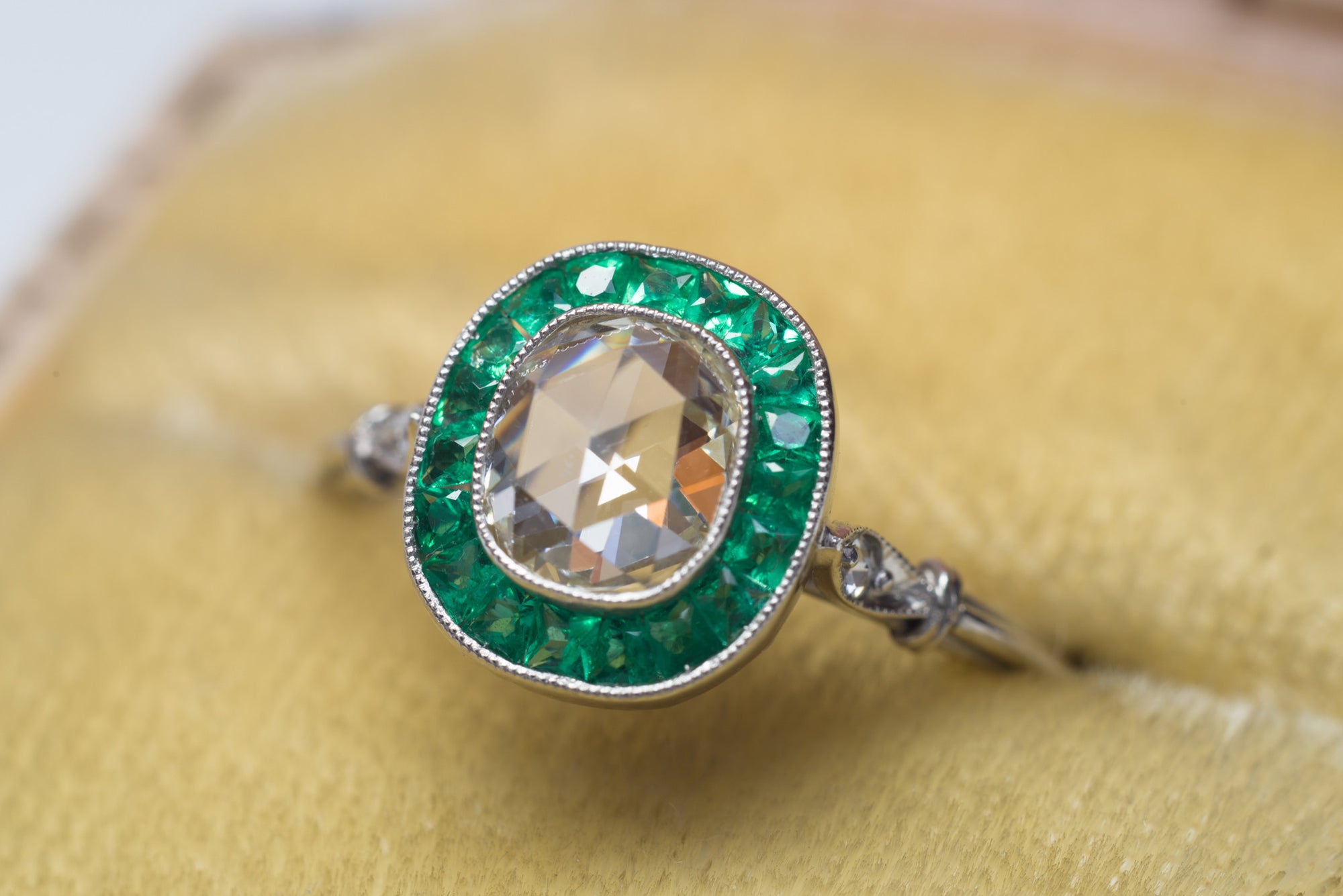 FRENCH CUT EMERALD AND ROSE CUT DIAMOND TARGET RING - SinCityFinds Jewelry