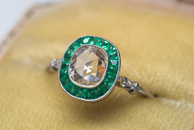 FRENCH CUT EMERALD AND ROSE CUT DIAMOND TARGET RING - SinCityFinds Jewelry