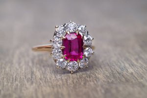 VINTAGE OLD EUROPEAN CUT DIAMOND HALO RING WITH SYNTHETIC  SAPPHIRE - SinCityFinds Jewelry