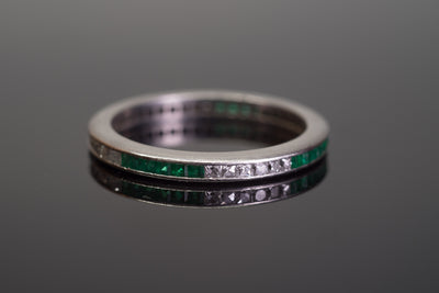 ART DECO FRENCH CUT DIAMOND AND NATURAL EMERALD ETERNITY BAND - SinCityFinds Jewelry