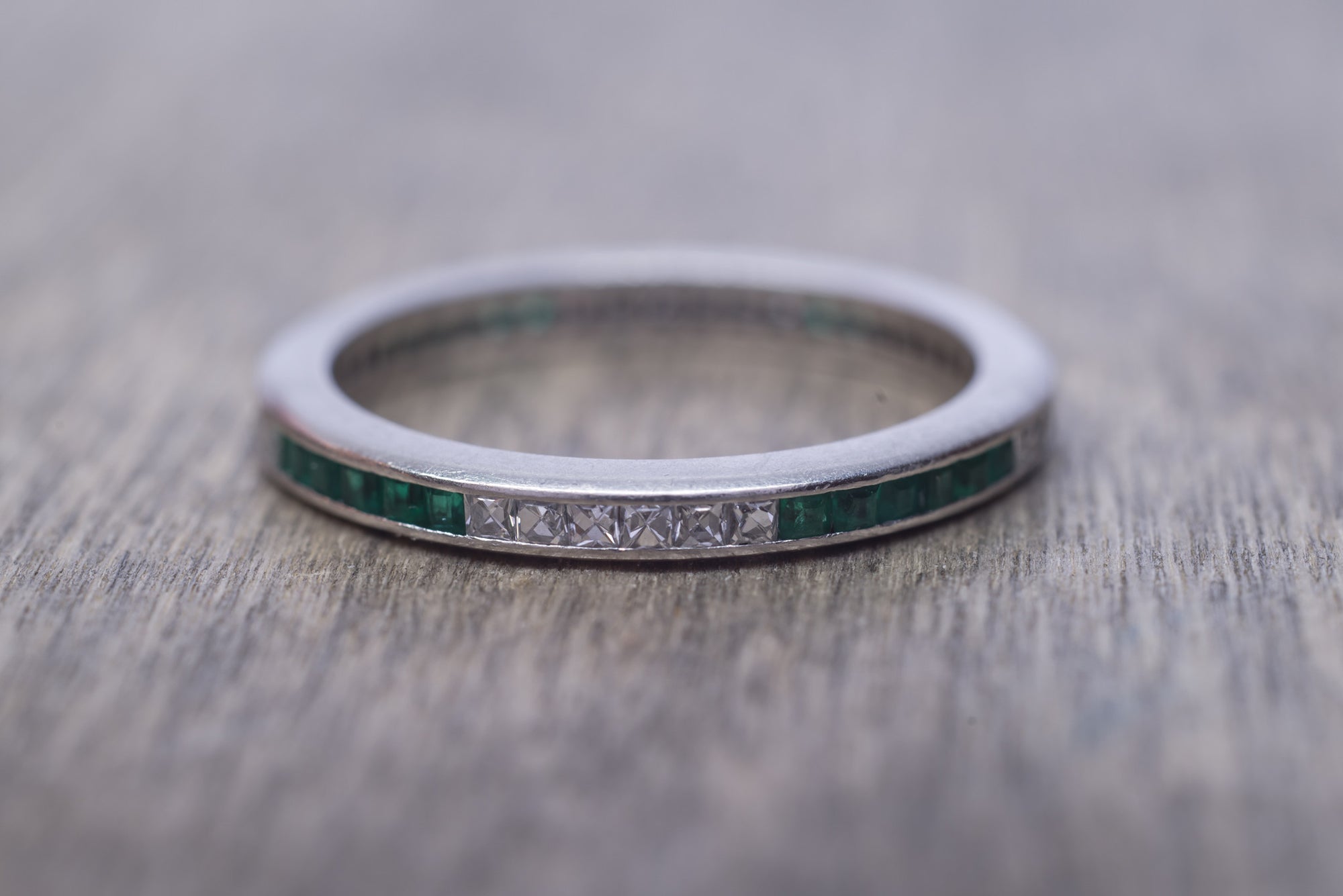 ART DECO FRENCH CUT DIAMOND AND NATURAL EMERALD ETERNITY BAND - SinCityFinds Jewelry
