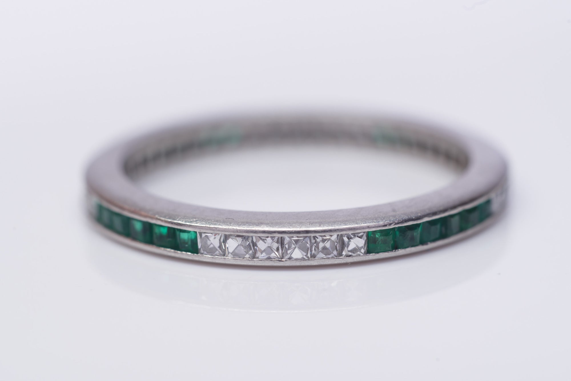 ART DECO FRENCH CUT DIAMOND AND NATURAL EMERALD ETERNITY BAND - SinCityFinds Jewelry