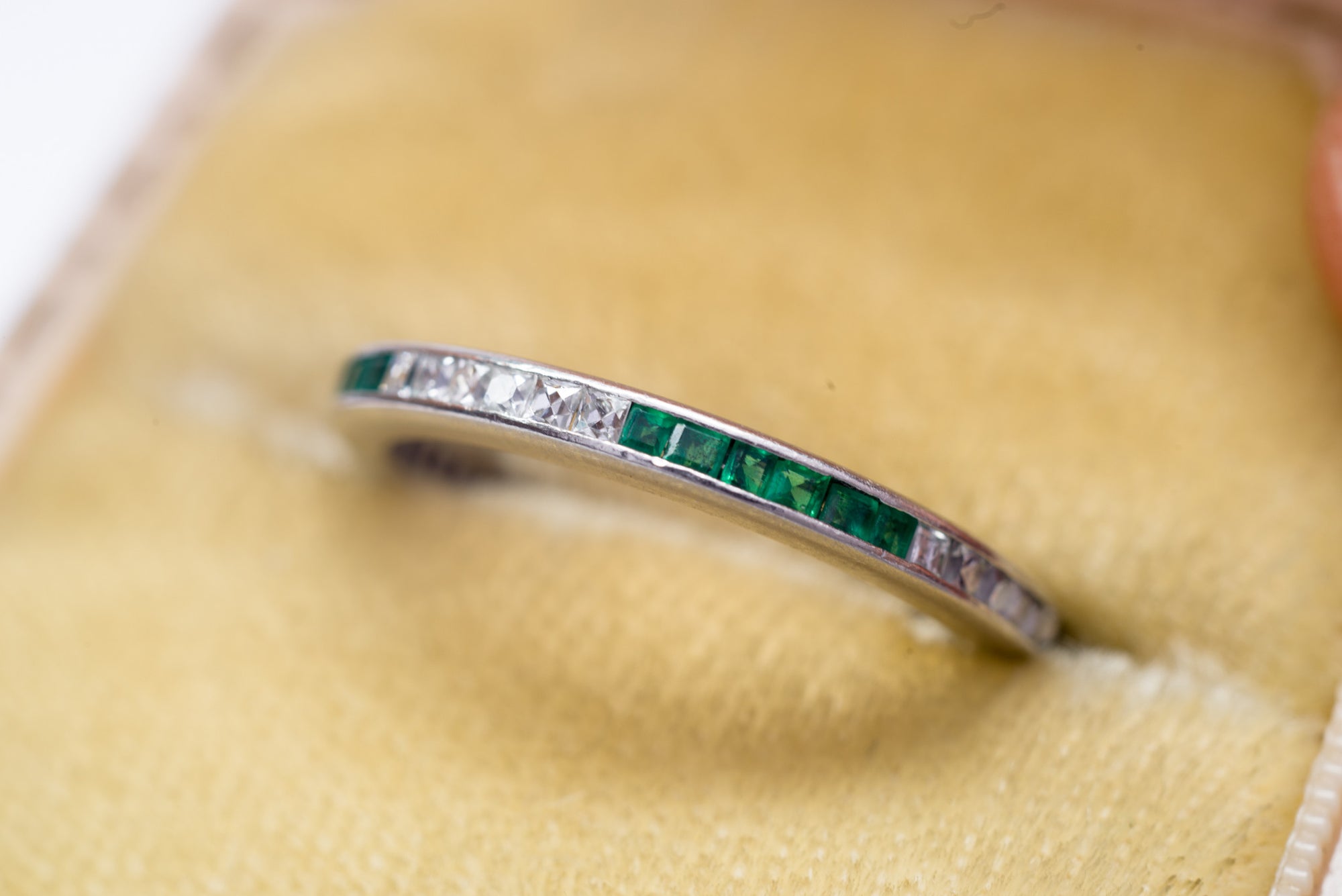 ART DECO FRENCH CUT DIAMOND AND NATURAL EMERALD ETERNITY BAND - SinCityFinds Jewelry