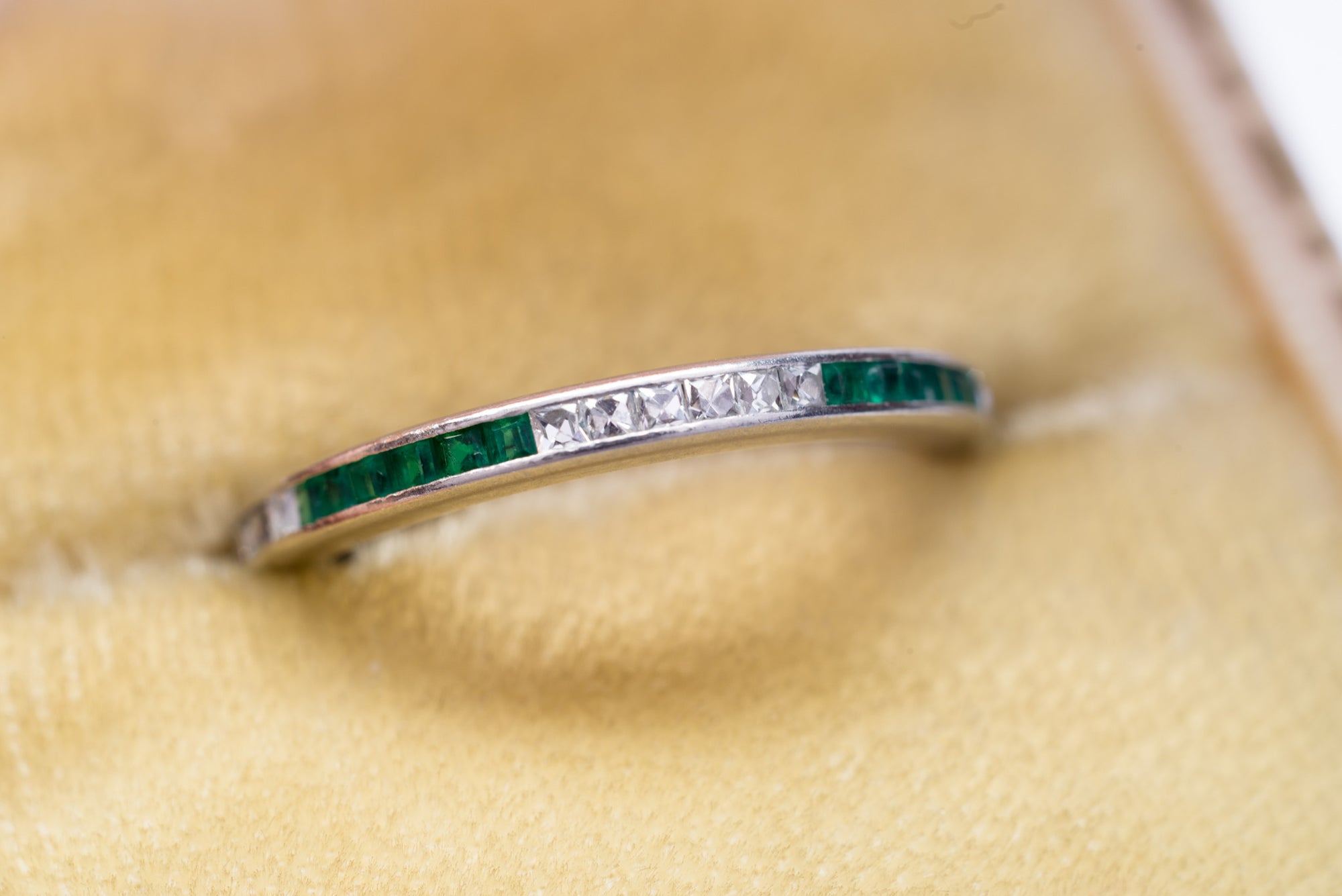 ART DECO FRENCH CUT DIAMOND AND NATURAL EMERALD ETERNITY BAND - SinCityFinds Jewelry