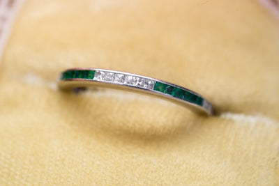 ART DECO FRENCH CUT DIAMOND AND NATURAL EMERALD ETERNITY BAND - SinCityFinds Jewelry