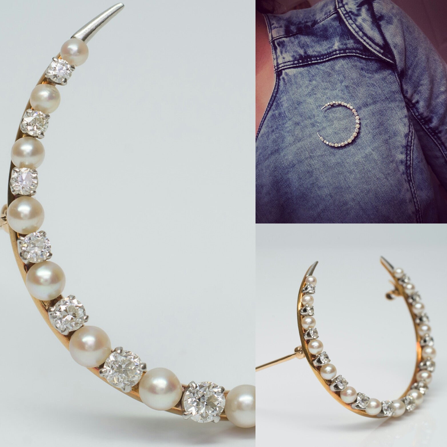 1.16ctw EDWARDIAN OLD EUROPEAN CUT DIAMOND AND PEARL BROOCH - SinCityFinds Jewelry