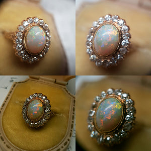 2.76CTW OPAL AND OLD MINE CUT DIAMOND COCKTAIL RING - SinCityFinds Jewelry