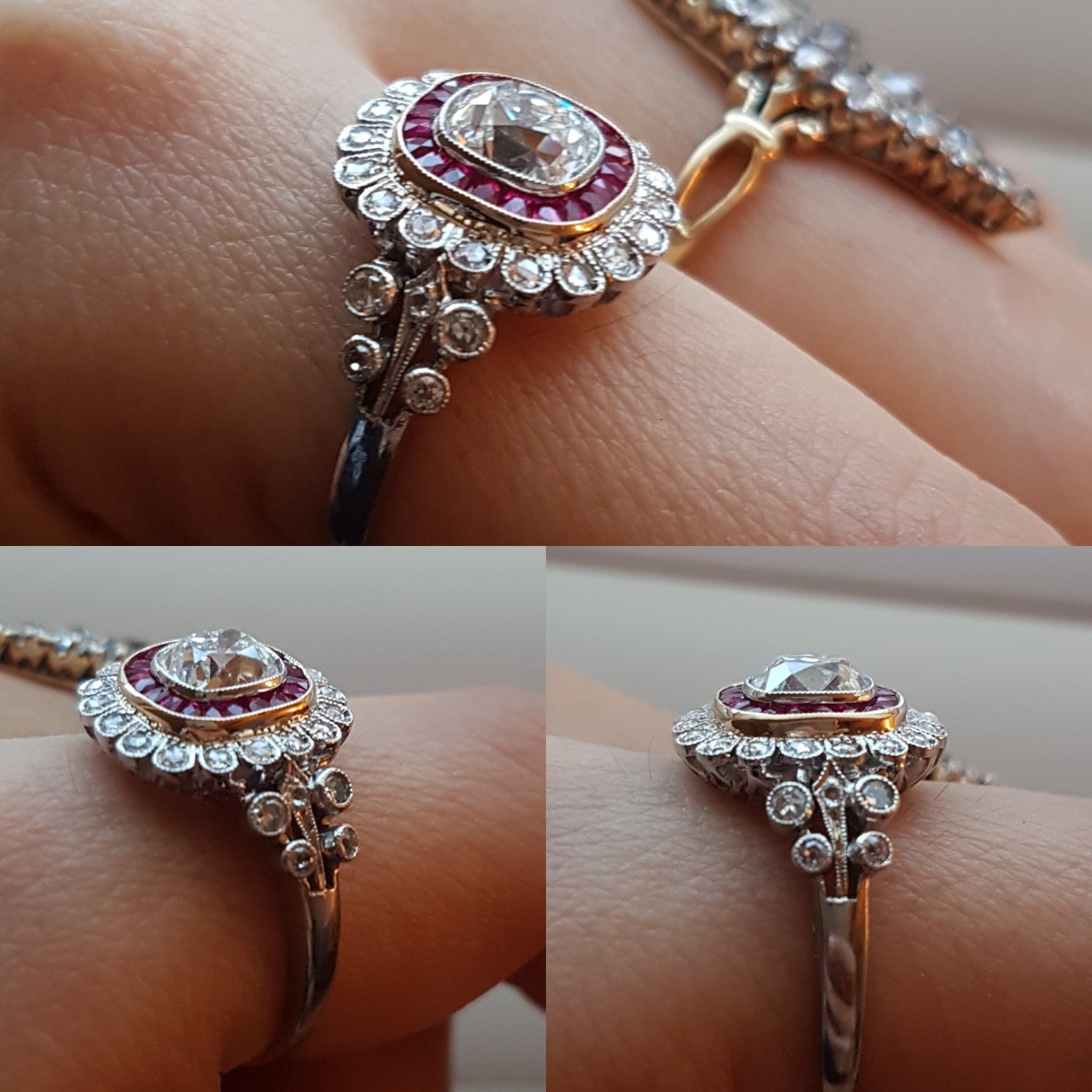 OLD CUSHION CUT DIAMOND AND RUBY HALO RING - SinCityFinds Jewelry