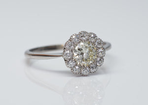 VINTAGE LIGHT YELLOW DIAMOND HALO ENGAGEMENT DAISY RING - SinCityFinds Jewelry