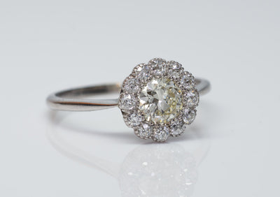 VINTAGE LIGHT YELLOW DIAMOND HALO ENGAGEMENT DAISY RING - SinCityFinds Jewelry