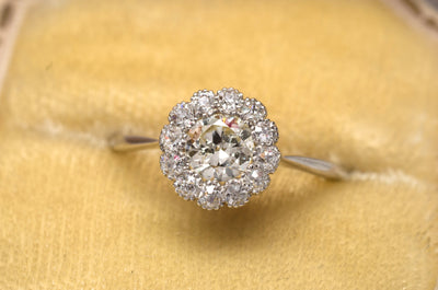 VINTAGE LIGHT YELLOW DIAMOND HALO ENGAGEMENT DAISY RING - SinCityFinds Jewelry