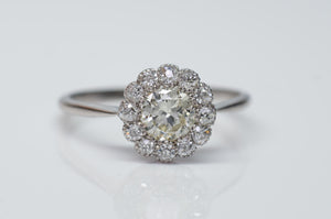 VINTAGE LIGHT YELLOW DIAMOND HALO ENGAGEMENT DAISY RING - SinCityFinds Jewelry