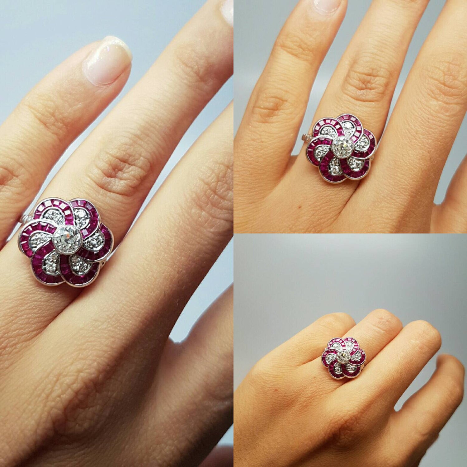 RUBY AND OLD EUROPEAN CUT DIAMOND TARGET RING - SinCityFinds Jewelry