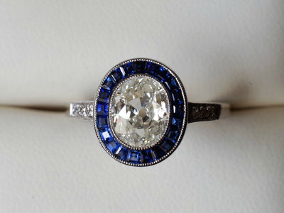 SAPPHIRE AND OLD MINE CUT DIAMOND TARGET RING - SinCityFinds Jewelry