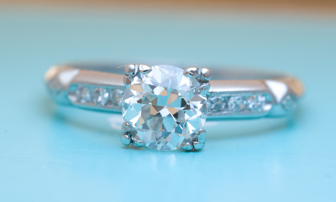 ART DECO PLATINUM OLD EUROPEAN CUT DIAMOND SOLITAIRE WITH ACCENTS - SinCityFinds Jewelry